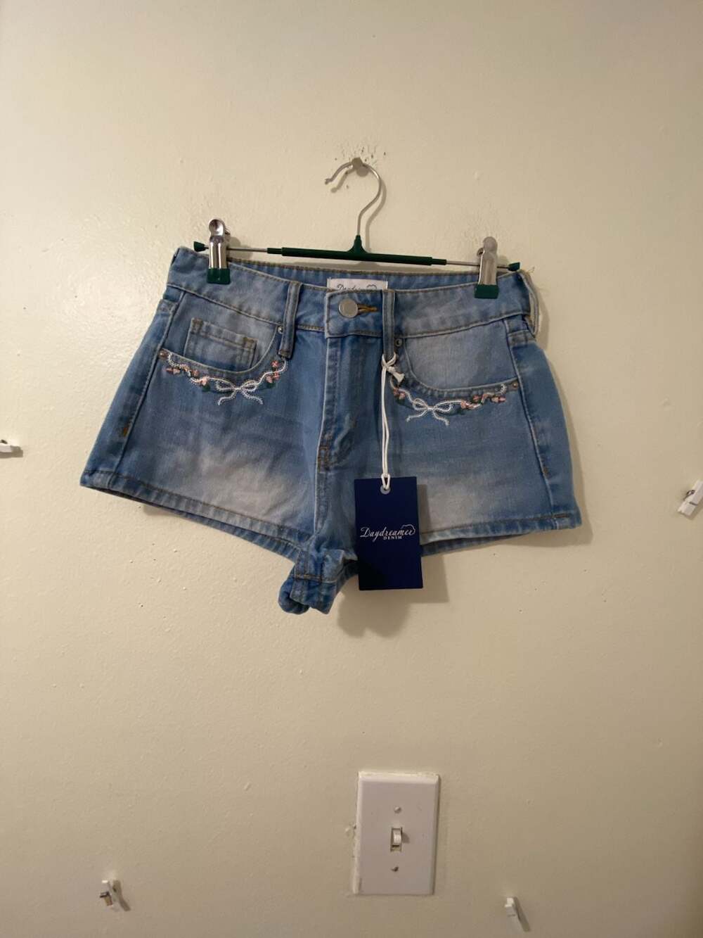 Daydreamer Denim Shorts Light Wash Floral Bow Embroidered